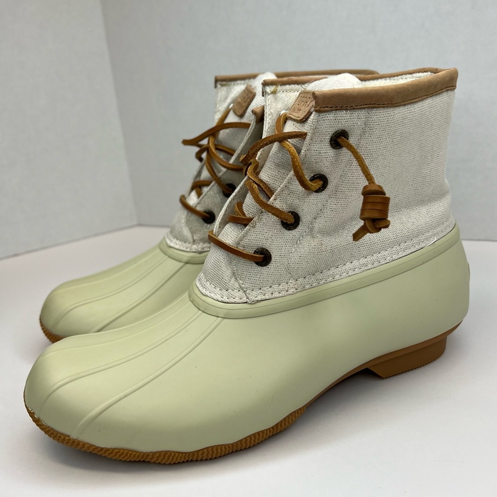 Sperry Saltwater Womens Metallic Ivory Duck Boots Waterproof Fleece Lined LKNW 9